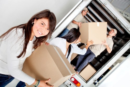 Packed office equipment ready for relocation